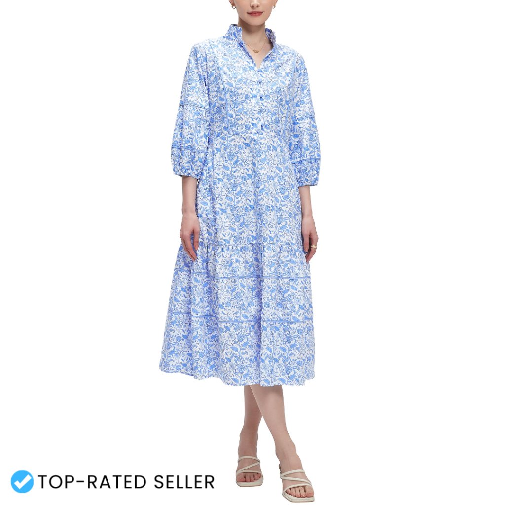 Floral Maxi Dress Elegant Printed Button Down Puff Sleeve Tiered A-Line